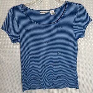 Weekend Clothes Line M Blue Striped Fish Embroidery T-shirt